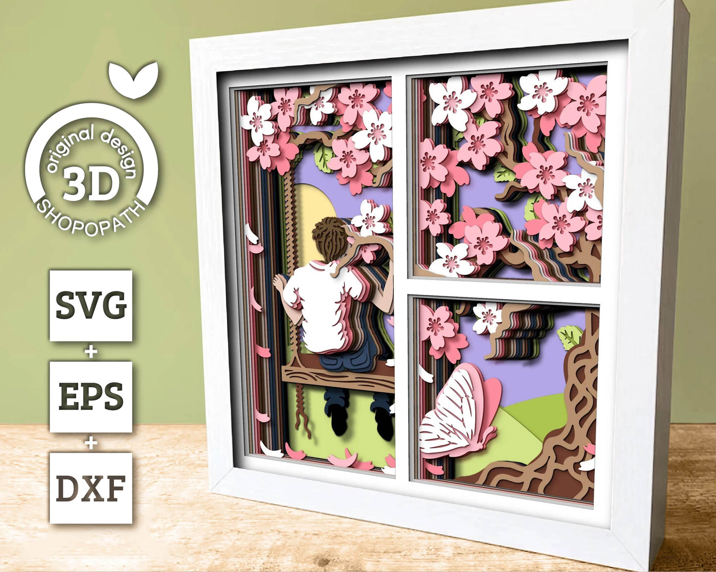 3D SVG Boy On Swing Under Blossom Tree Shadow Box, 3D SVG Spring , 3D Svg Cherry Blossom, 3d Sakura Tree Svg, Floral SVG, Cricut Silhouette