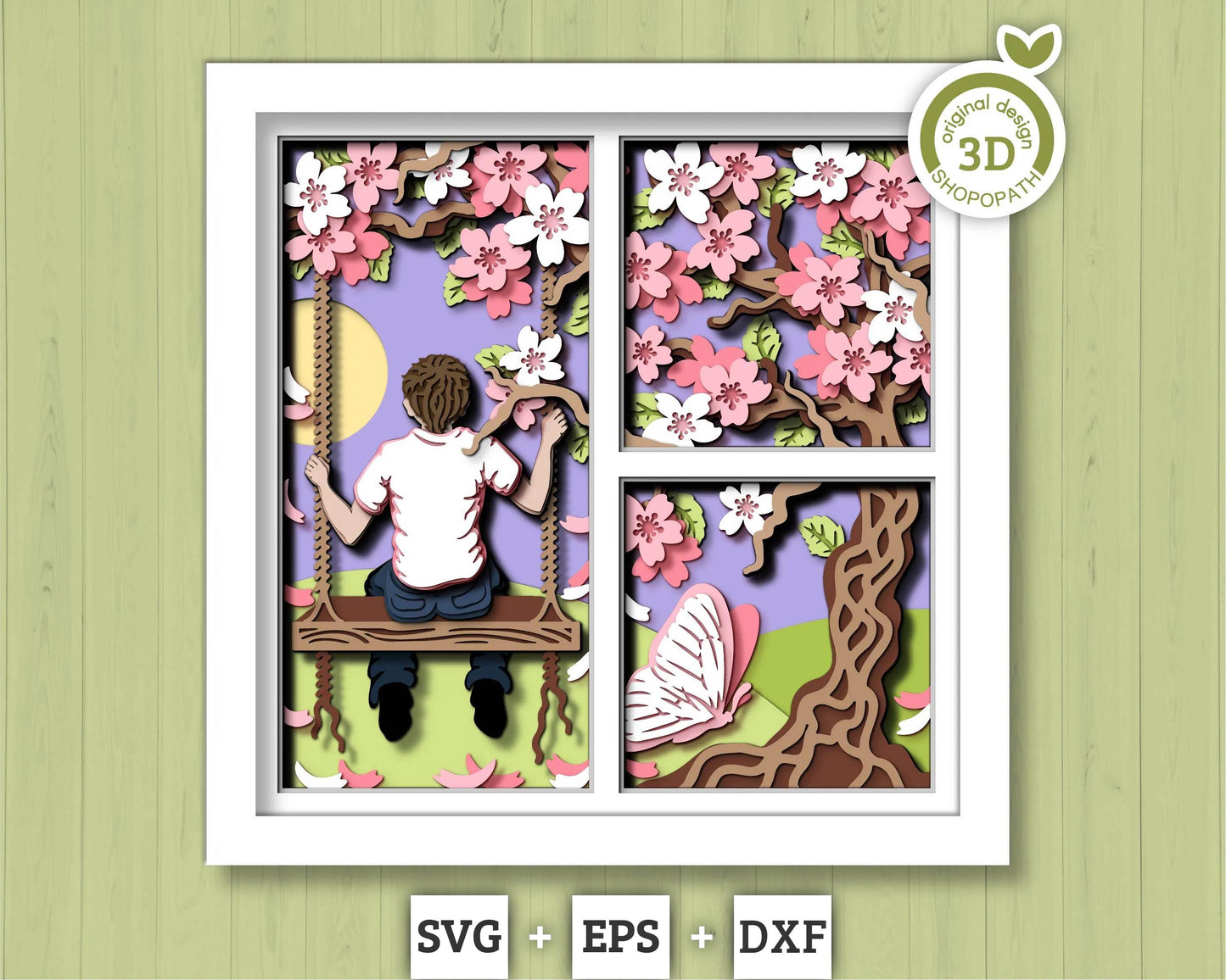 3D SVG Boy On Swing Under Blossom Tree Shadow Box, 3D SVG Spring , 3D Svg Cherry Blossom, 3d Sakura Tree Svg, Floral SVG, Cricut Silhouette