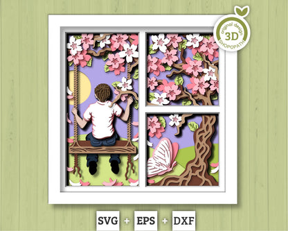 3D SVG Boy On Swing Under Blossom Tree Shadow Box, 3D SVG Spring , 3D Svg Cherry Blossom, 3d Sakura Tree Svg, Floral SVG, Cricut Silhouette
