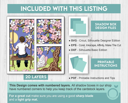 3D SVG Boy On Swing Under Blossom Tree Shadow Box, 3D SVG Spring , 3D Svg Cherry Blossom, 3d Sakura Tree Svg, Floral SVG, Cricut Silhouette