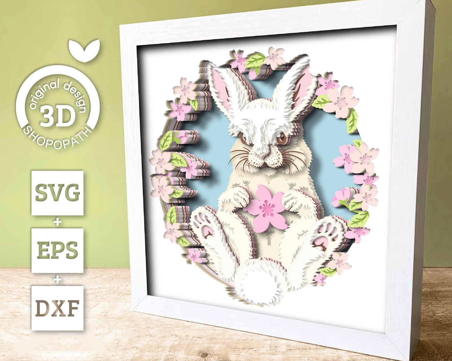 Spring Bunny with Blossoms - 3D Shadow Box Layered SVG DXF EPS (Cutting Files)