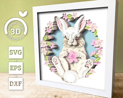 Spring Bunny with Blossoms - 3D Shadow Box Layered SVG DXF EPS (Cutting Files)