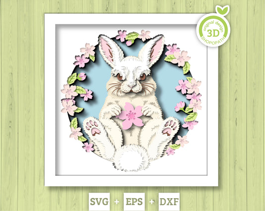 Spring Bunny with Blossoms - 3D Shadow Box Layered SVG DXF EPS (Cutting Files)