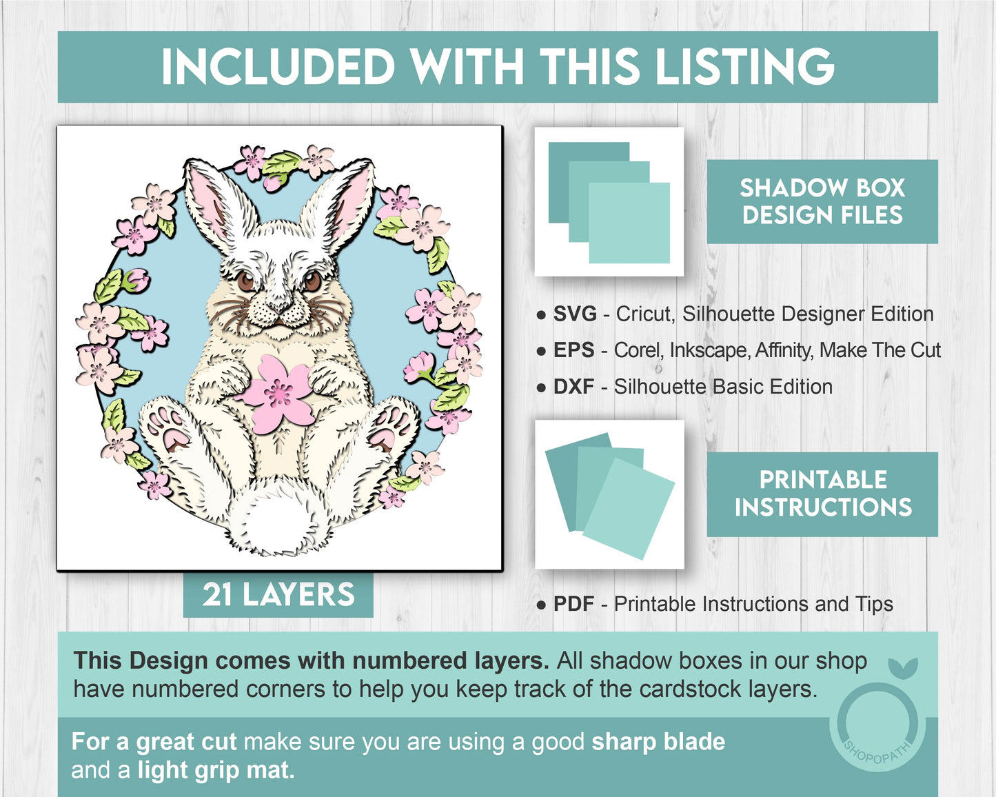 Spring Bunny with Blossoms - 3D Shadow Box Layered SVG DXF EPS (Cutting Files)