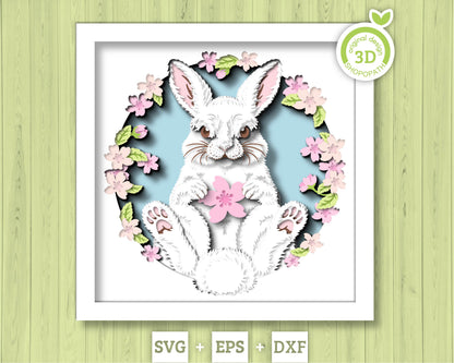 Spring Bunny with Blossoms - 3D Shadow Box Layered SVG DXF EPS (Cutting Files)