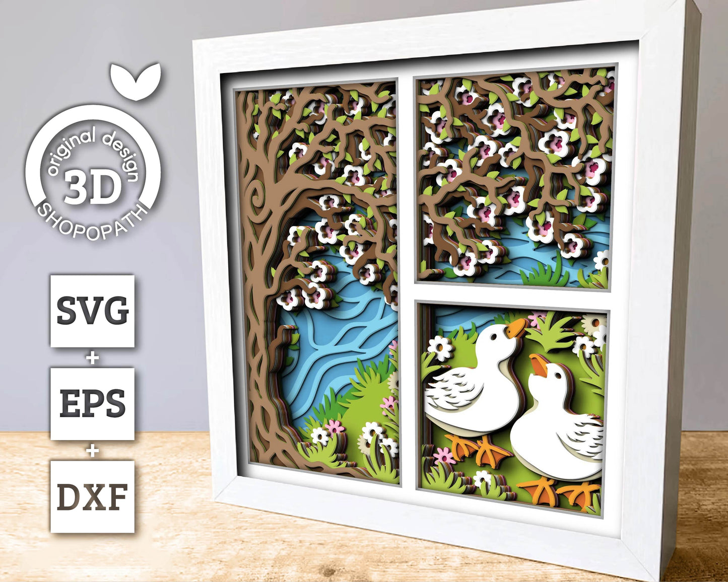 3D SVG Spring Shadow Box, Blossom Tree Shadow Box, Ducks 3D Svg, Cherry Blossom Layered Papercut svg 3d Flowers 3d Florals Cricut Silhouette