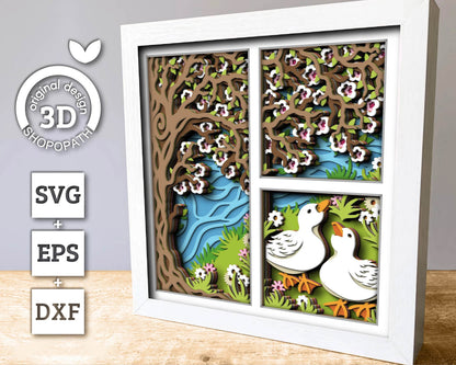 3D SVG Spring Shadow Box, Blossom Tree Shadow Box, Ducks 3D Svg, Cherry Blossom Layered Papercut svg 3d Flowers 3d Florals Cricut Silhouette