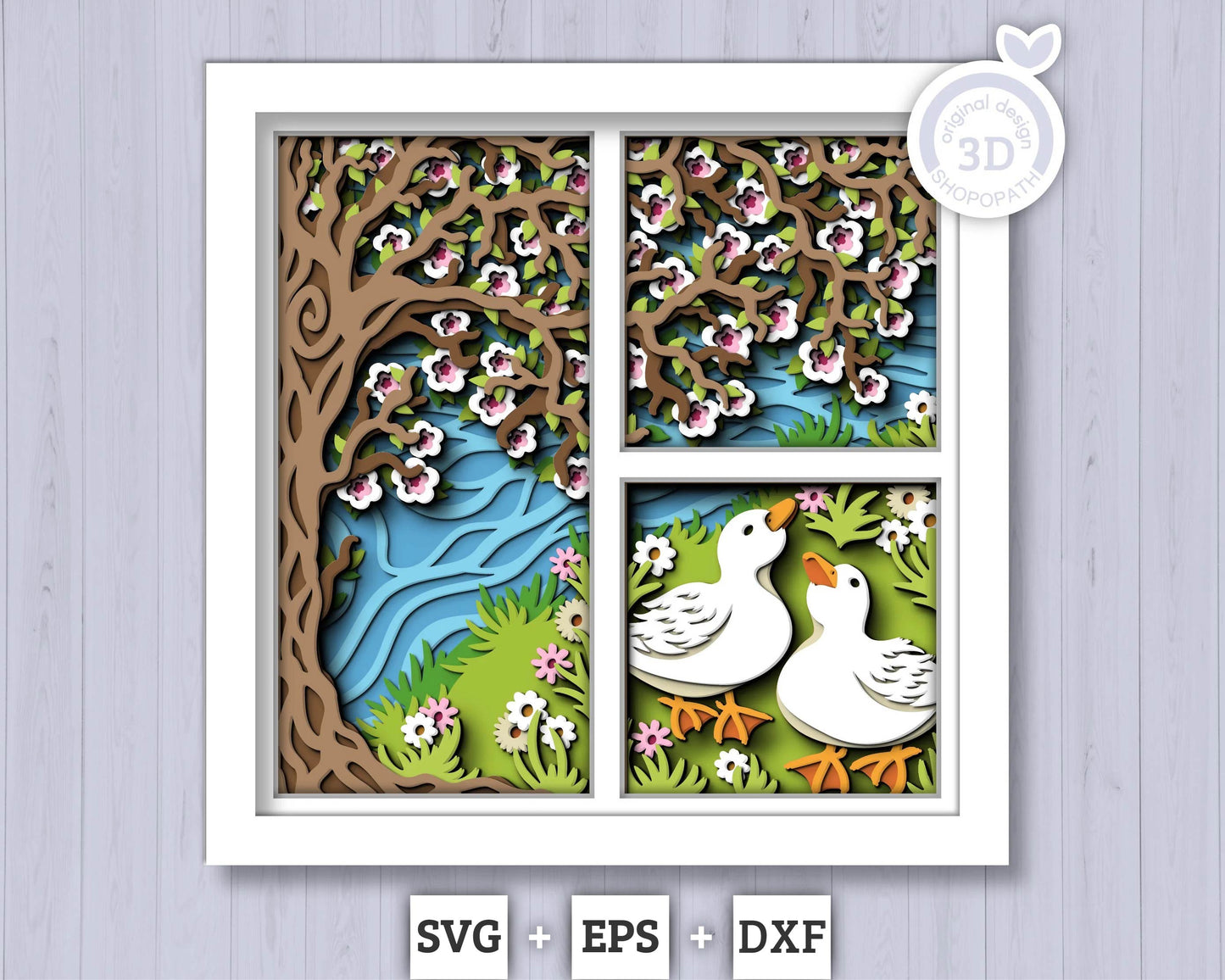 3D SVG Spring Shadow Box, Blossom Tree Shadow Box, Ducks 3D Svg, Cherry Blossom Layered Papercut svg 3d Flowers 3d Florals Cricut Silhouette
