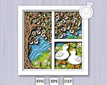3D SVG Spring Shadow Box, Blossom Tree Shadow Box, Ducks 3D Svg, Cherry Blossom Layered Papercut svg 3d Flowers 3d Florals Cricut Silhouette