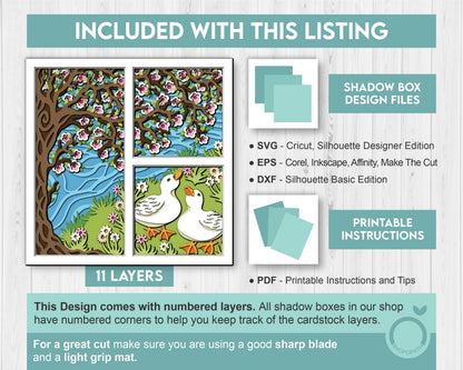 3D SVG Spring Shadow Box, Blossom Tree Shadow Box, Ducks 3D Svg, Cherry Blossom Layered Papercut svg 3d Flowers 3d Florals Cricut Silhouette