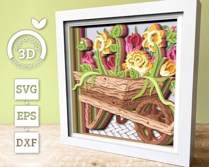 Flower Cart Shadow Box 3D SVG With Spring Tulips, Daffodils And Roses For Cricut Silhouette With DXF EPS Layered Cutting Files