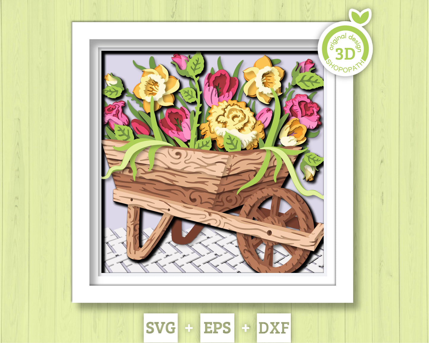 Flower Cart Shadow Box 3D SVG With Spring Tulips, Daffodils And Roses For Cricut Silhouette With DXF EPS Layered Cutting Files