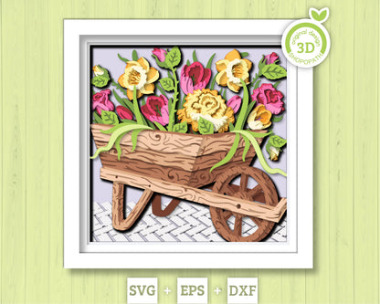 Flower Cart Shadow Box 3D SVG With Spring Tulips, Daffodils And Roses For Cricut Silhouette With DXF EPS Layered Cutting Files