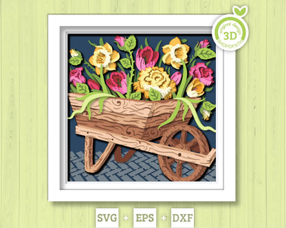 Flower Cart Shadow Box 3D SVG With Spring Tulips, Daffodils And Roses For Cricut Silhouette With DXF EPS Layered Cutting Files