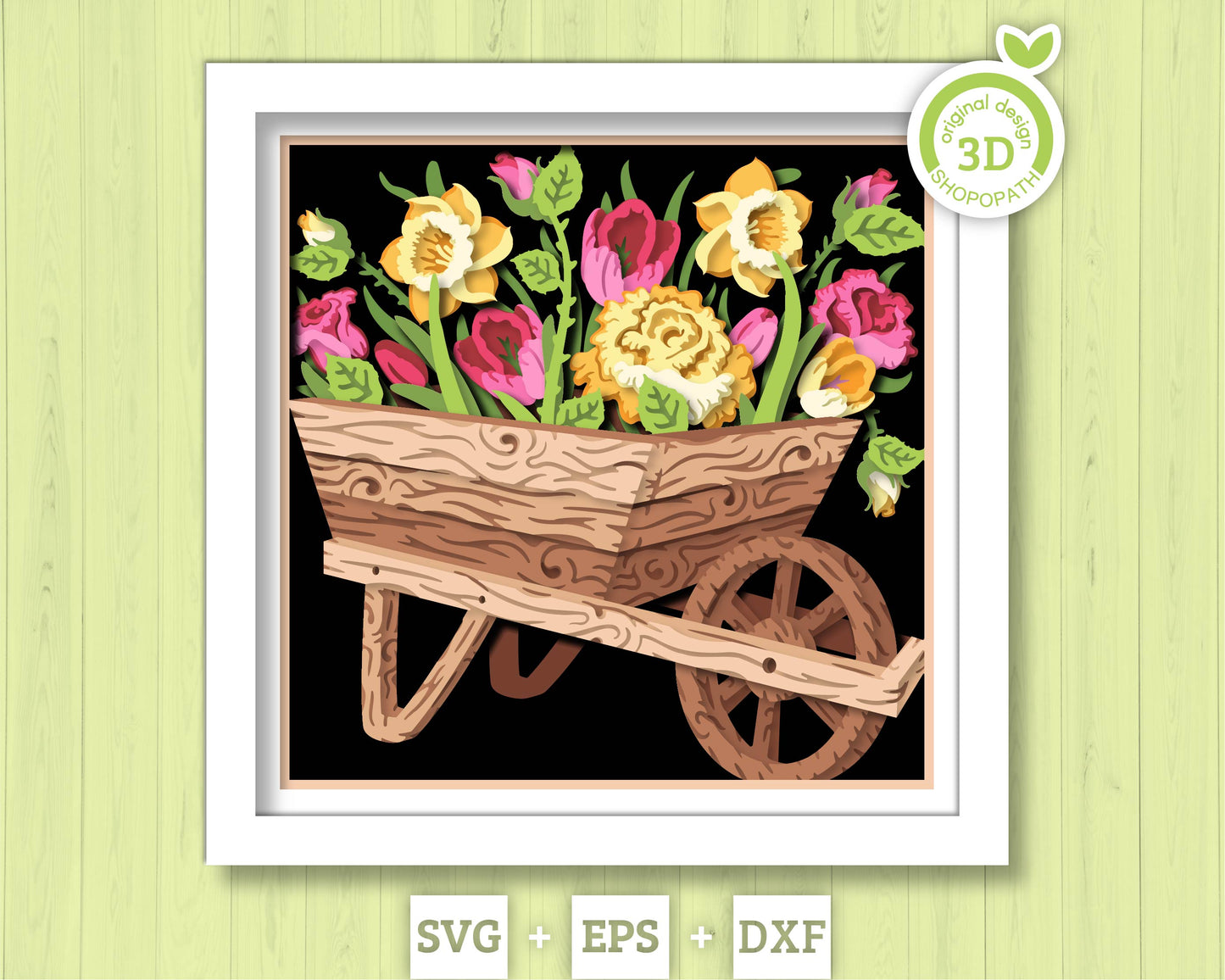 Flower Cart Shadow Box 3D SVG With Spring Tulips, Daffodils And Roses For Cricut Silhouette With DXF EPS Layered Cutting Files