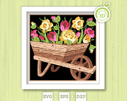 Flower Cart Shadow Box 3D SVG With Spring Tulips, Daffodils And Roses For Cricut Silhouette With DXF EPS Layered Cutting Files