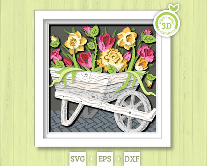 Flower Cart Shadow Box 3D SVG With Spring Tulips, Daffodils And Roses For Cricut Silhouette With DXF EPS Layered Cutting Files