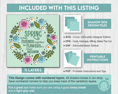 3D Layered Spring Shadow Box Friends Quote, Blossom SVG EPS, Floral Shadow Box, 3D Svg Spring Layered Papercut 3d Flowers Cricut Silhouette