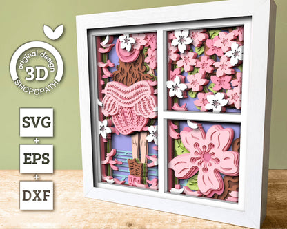 3D Girl With Sweater Under Blossom Tree Shadow Box SVG, 3D Spring SVG, 3D Cherry Blossom svg, 3d Sakura Tree Svg, Cricut Silhouette