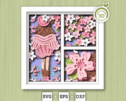 3D Girl With Sweater Under Blossom Tree Shadow Box SVG, 3D Spring SVG, 3D Cherry Blossom svg, 3d Sakura Tree Svg, Cricut Silhouette