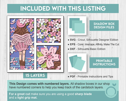3D Girl With Sweater Under Blossom Tree Shadow Box SVG, 3D Spring SVG, 3D Cherry Blossom svg, 3d Sakura Tree Svg, Cricut Silhouette
