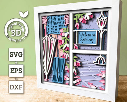 3D Layered Spring Rain SVG, Spring Shadow Box, Magnolia Flowers 3D Svg, Boots Svg, Leaves 3d Svg, Hello Spring Papercut, Cricut Silhouette