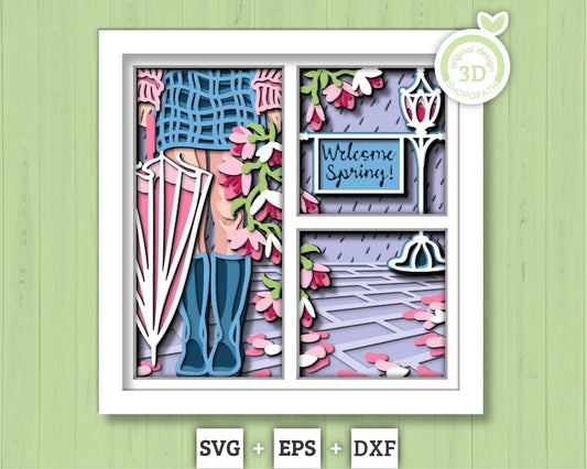 3D Layered Spring Rain SVG, Spring Shadow Box, Magnolia Flowers 3D Svg, Boots Svg, Leaves 3d Svg, Hello Spring Papercut, Cricut Silhouette