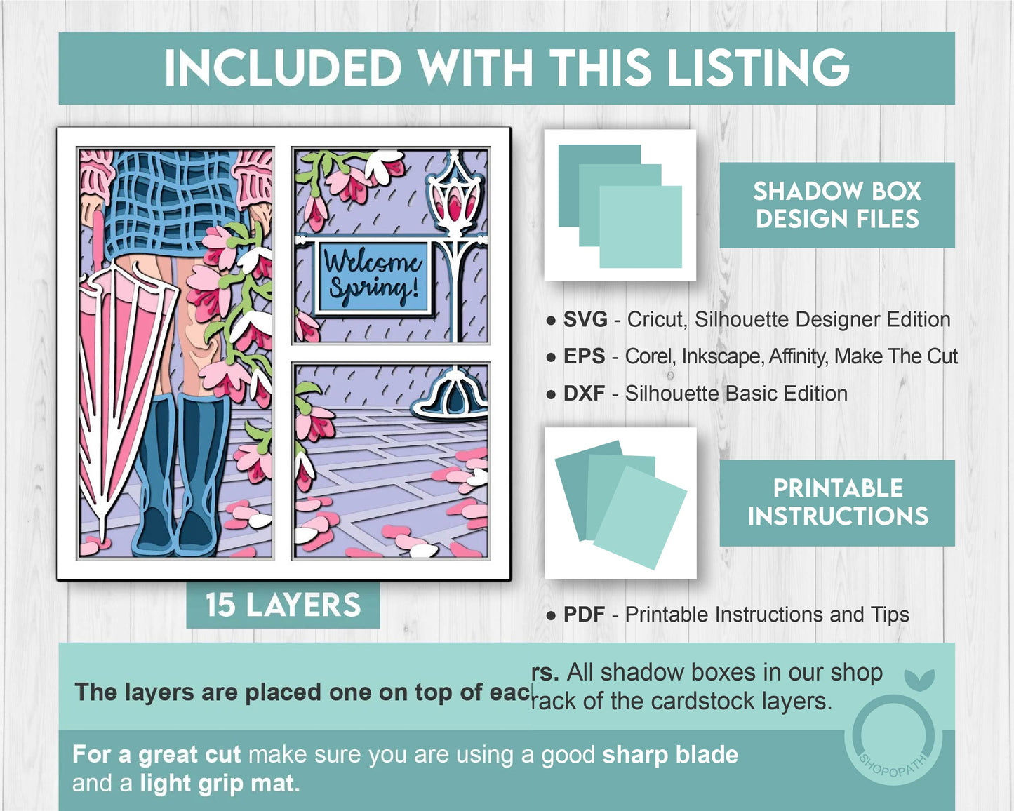 3D Layered Spring Rain SVG, Spring Shadow Box, Magnolia Flowers 3D Svg, Boots Svg, Leaves 3d Svg, Hello Spring Papercut, Cricut Silhouette