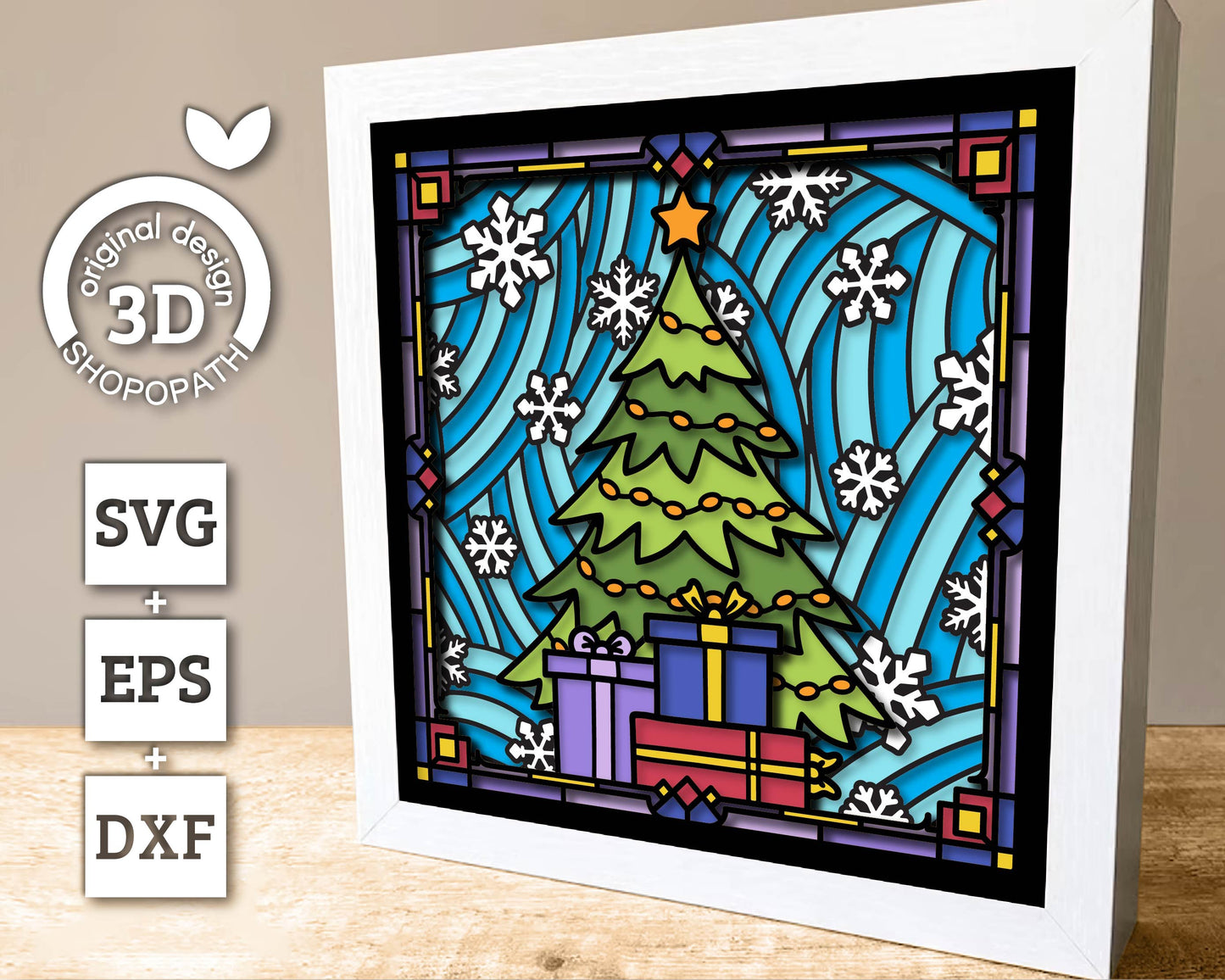 3D SVG Stained Glass Christmas Tree with Presents Shadow Box, 3D SVG Christmas Tree, 3D SVG Snowflakes, Shopopath 3D Svg, Cricut Silhouette