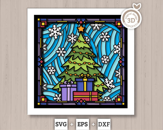 3D SVG Stained Glass Christmas Tree with Presents Shadow Box, 3D SVG Christmas Tree, 3D SVG Snowflakes, Shopopath 3D Svg, Cricut Silhouette