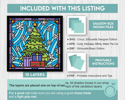 3D SVG Stained Glass Christmas Tree with Presents Shadow Box, 3D SVG Christmas Tree, 3D SVG Snowflakes, Shopopath 3D Svg, Cricut Silhouette