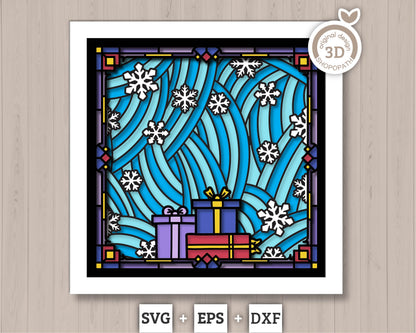 3D SVG Stained Glass Christmas Tree with Presents Shadow Box, 3D SVG Christmas Tree, 3D SVG Snowflakes, Shopopath 3D Svg, Cricut Silhouette