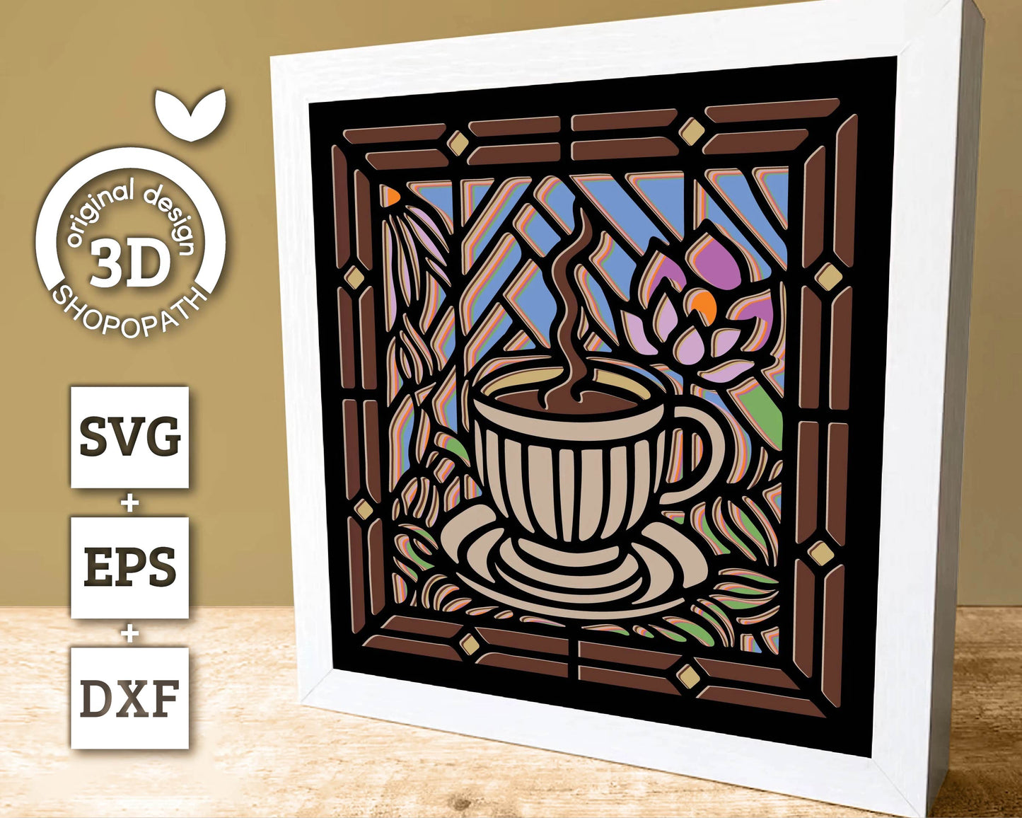 3D SVG Stained Glass Coffee Shadow Box, Coffee Latte 3D Svg, Stained Glass Papercut 3d Svg, Shadow Box Flowers Layered svg Cricut Silhouette