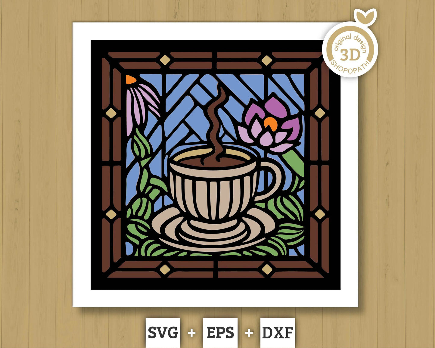 3D SVG Stained Glass Coffee Shadow Box, Coffee Latte 3D Svg, Stained Glass Papercut 3d Svg, Shadow Box Flowers Layered svg Cricut Silhouette
