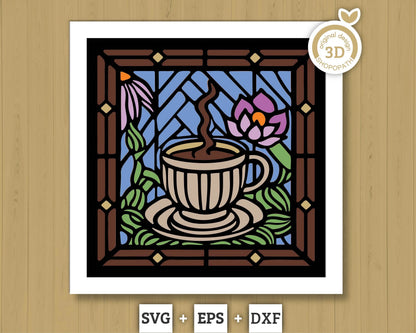 3D SVG Stained Glass Coffee Shadow Box, Coffee Latte 3D Svg, Stained Glass Papercut 3d Svg, Shadow Box Flowers Layered svg Cricut Silhouette