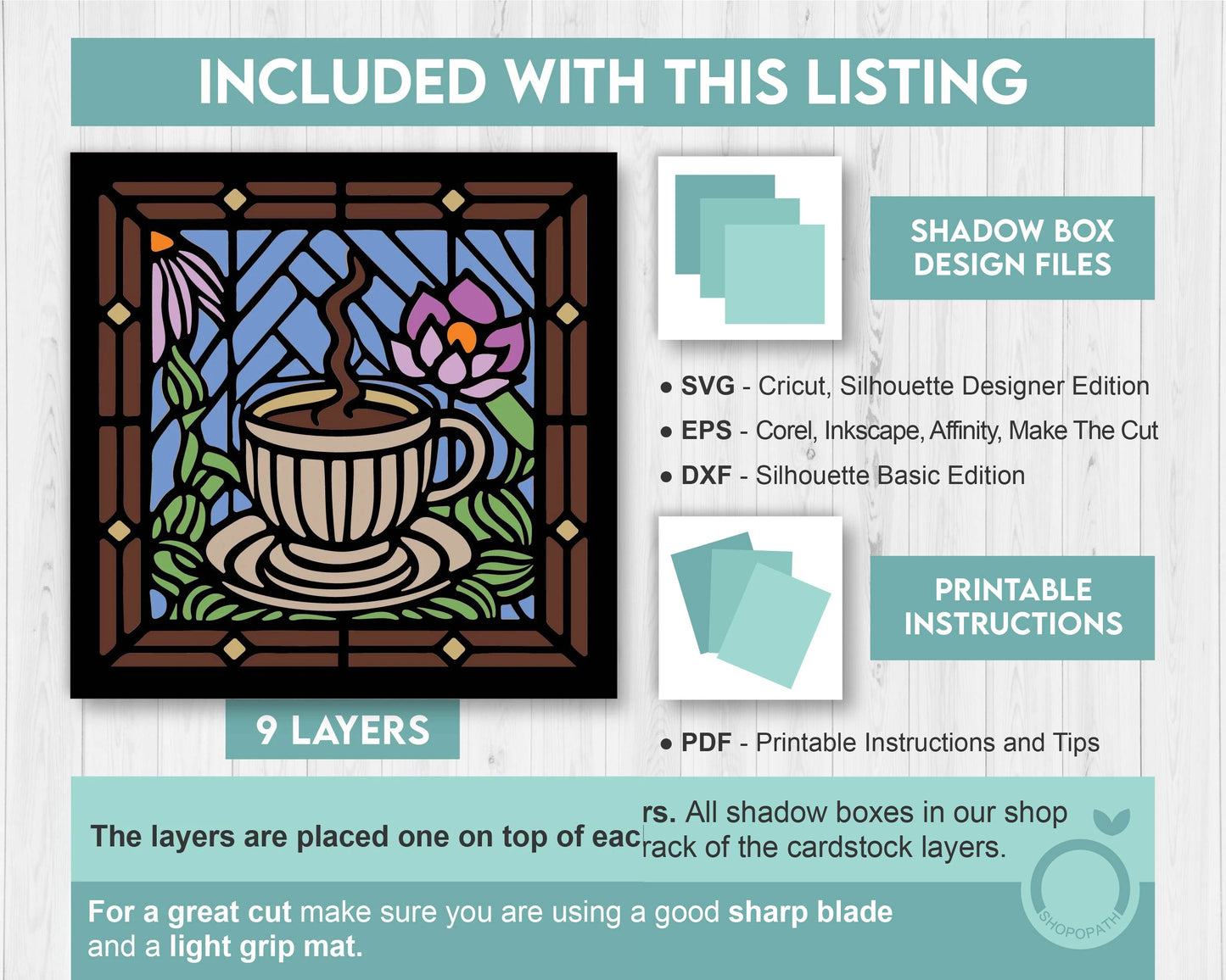 3D SVG Stained Glass Coffee Shadow Box, Coffee Latte 3D Svg, Stained Glass Papercut 3d Svg, Shadow Box Flowers Layered svg Cricut Silhouette