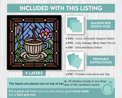 3D SVG Stained Glass Coffee Shadow Box, Coffee Latte 3D Svg, Stained Glass Papercut 3d Svg, Shadow Box Flowers Layered svg Cricut Silhouette