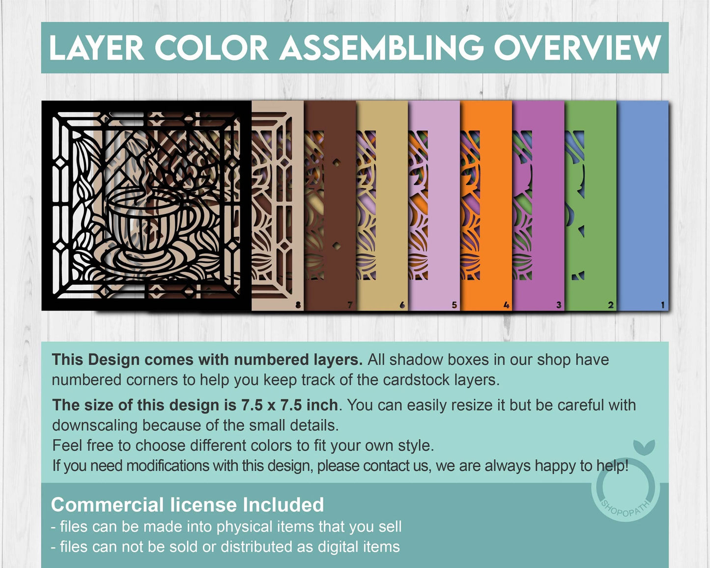 3D SVG Stained Glass Coffee Shadow Box, Coffee Latte 3D Svg, Stained Glass Papercut 3d Svg, Shadow Box Flowers Layered svg Cricut Silhouette