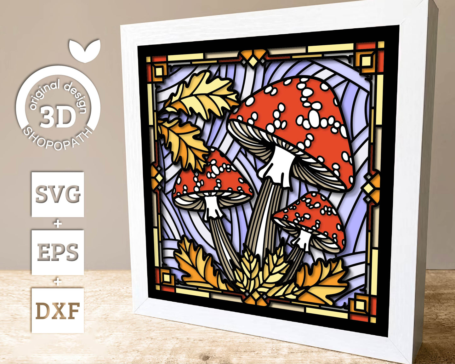 Amanita Mushrooms Stained Glass Shadow Box 3D SVG with Autumn Leaves, Layered Cutting Files DXF EPS for Cricut Silhouette Brother