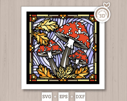 Amanita Mushrooms Stained Glass Shadow Box 3D SVG with Autumn Leaves, Layered Cutting Files DXF EPS for Cricut Silhouette Brother