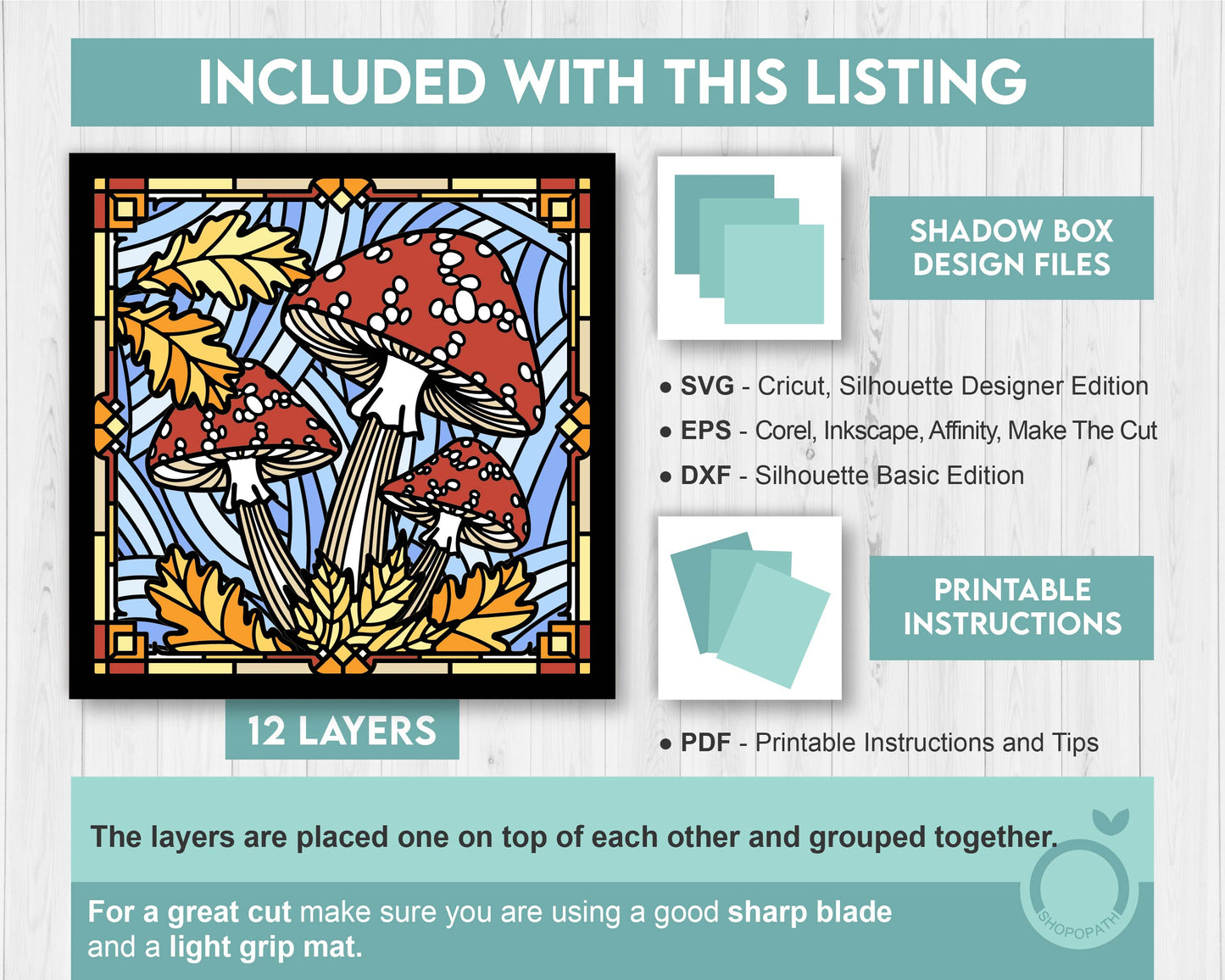 Amanita Mushrooms Stained Glass Shadow Box 3D SVG with Autumn Leaves, Layered Cutting Files DXF EPS for Cricut Silhouette Brother