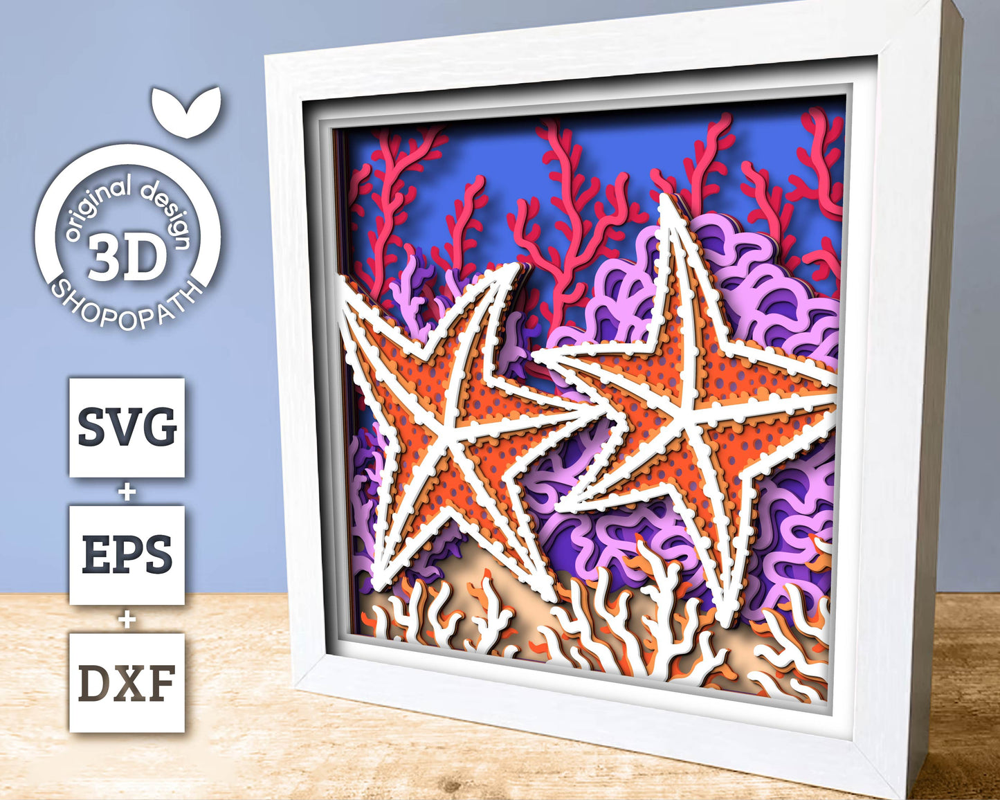 Starfish in Coral Reef - 3D Shadow Box Layered SVG DXF EPS (Cutting Files)