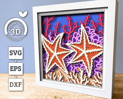 Starfish in Coral Reef - 3D Shadow Box Layered SVG DXF EPS (Cutting Files)