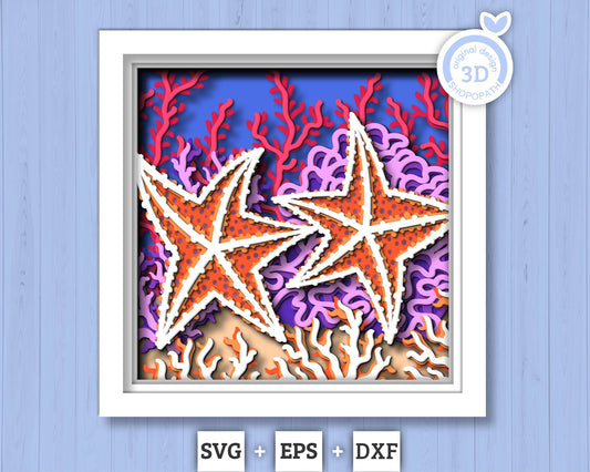 Starfish in Coral Reef - 3D Shadow Box Layered SVG DXF EPS (Cutting Files)