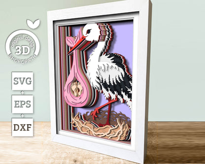 Baby Delivery Stork 8x10 inch - 3D Shadow Box Layered SVG DXF EPS (Cutting Files)