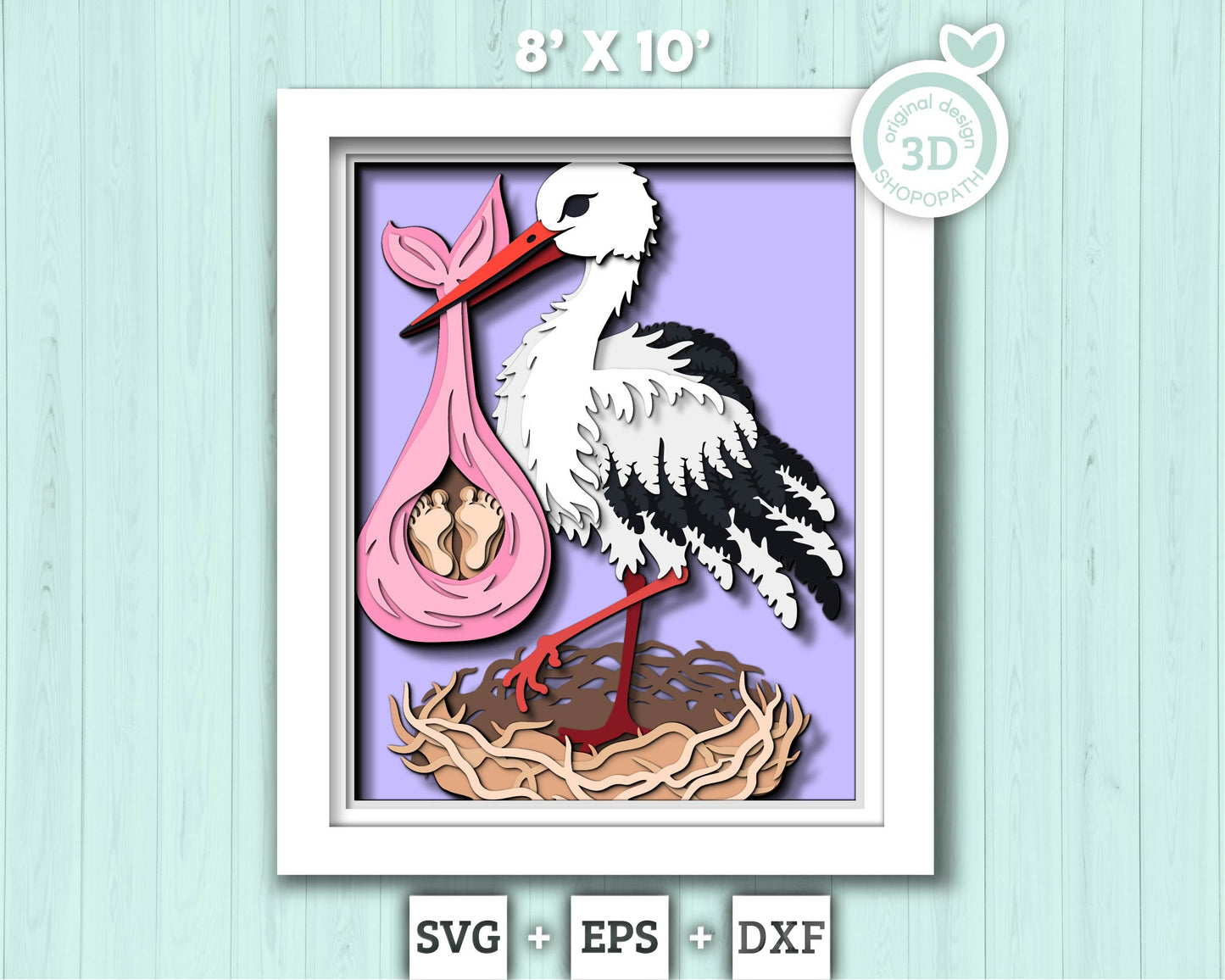 Baby Delivery Stork 8x10 inch - 3D Shadow Box Layered SVG DXF EPS (Cutting Files)