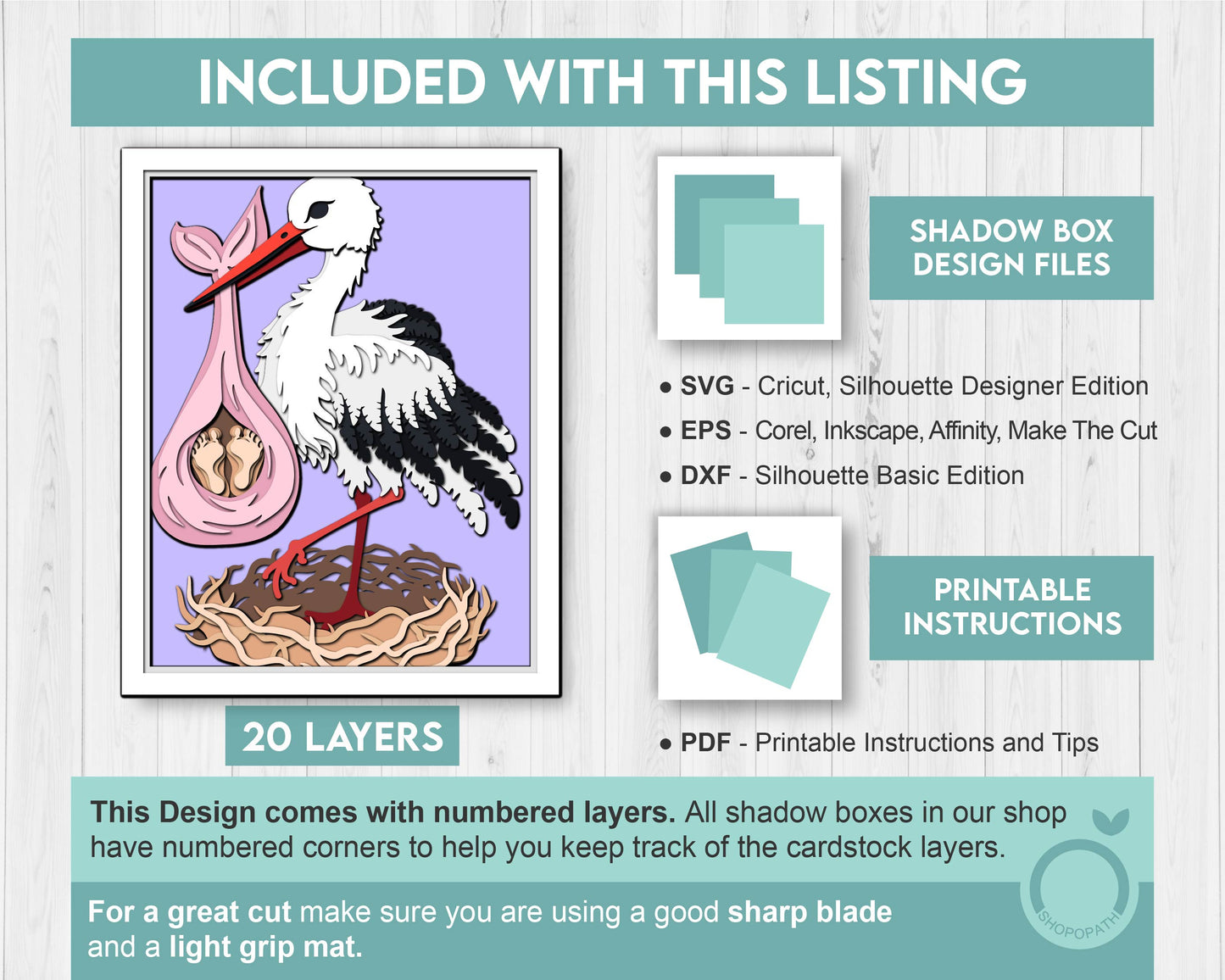 Baby Delivery Stork 8x10 inch - 3D Shadow Box Layered SVG DXF EPS (Cutting Files)