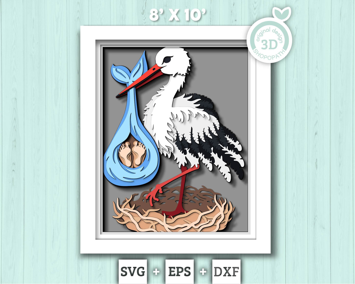 Baby Delivery Stork 8x10 inch - 3D Shadow Box Layered SVG DXF EPS (Cutting Files)