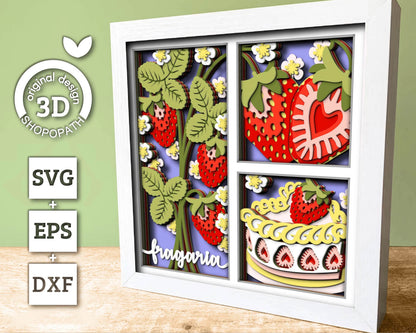 3D SVG Strawberry Shadow Box SVG, Spring Shadow Box, Leaves 3D Svg, Flowers 3d svg, Summer Cake Layered Papercut svg, Cricut Silhouette
