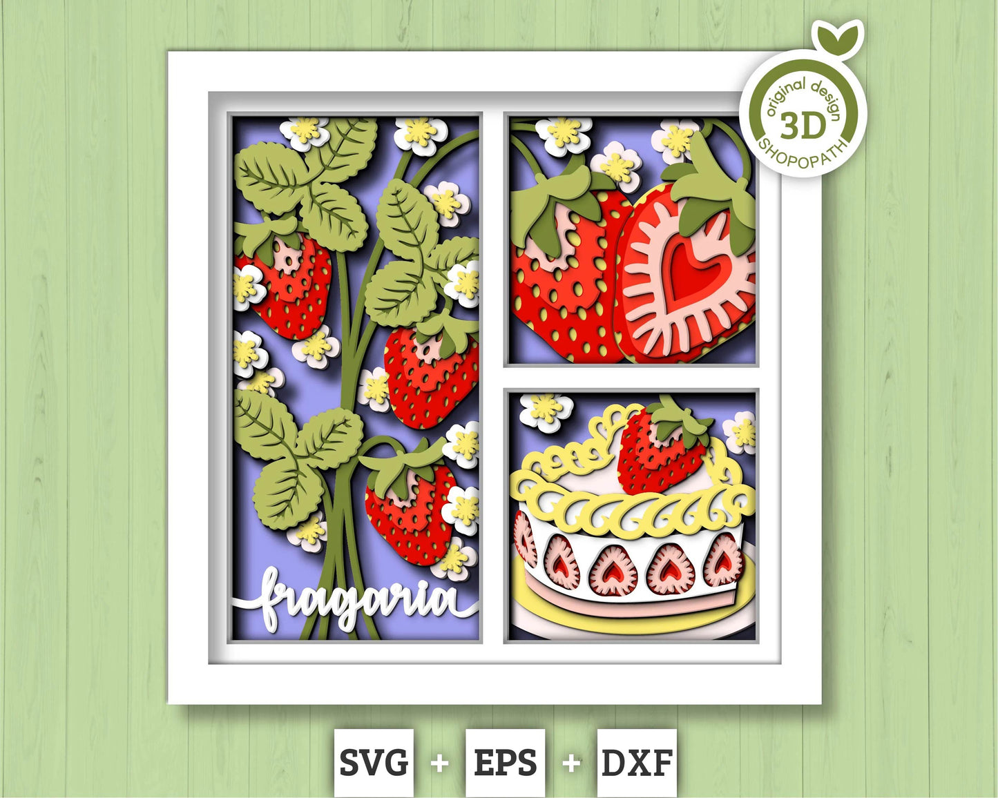 3D SVG Strawberry Shadow Box SVG, Spring Shadow Box, Leaves 3D Svg, Flowers 3d svg, Summer Cake Layered Papercut svg, Cricut Silhouette